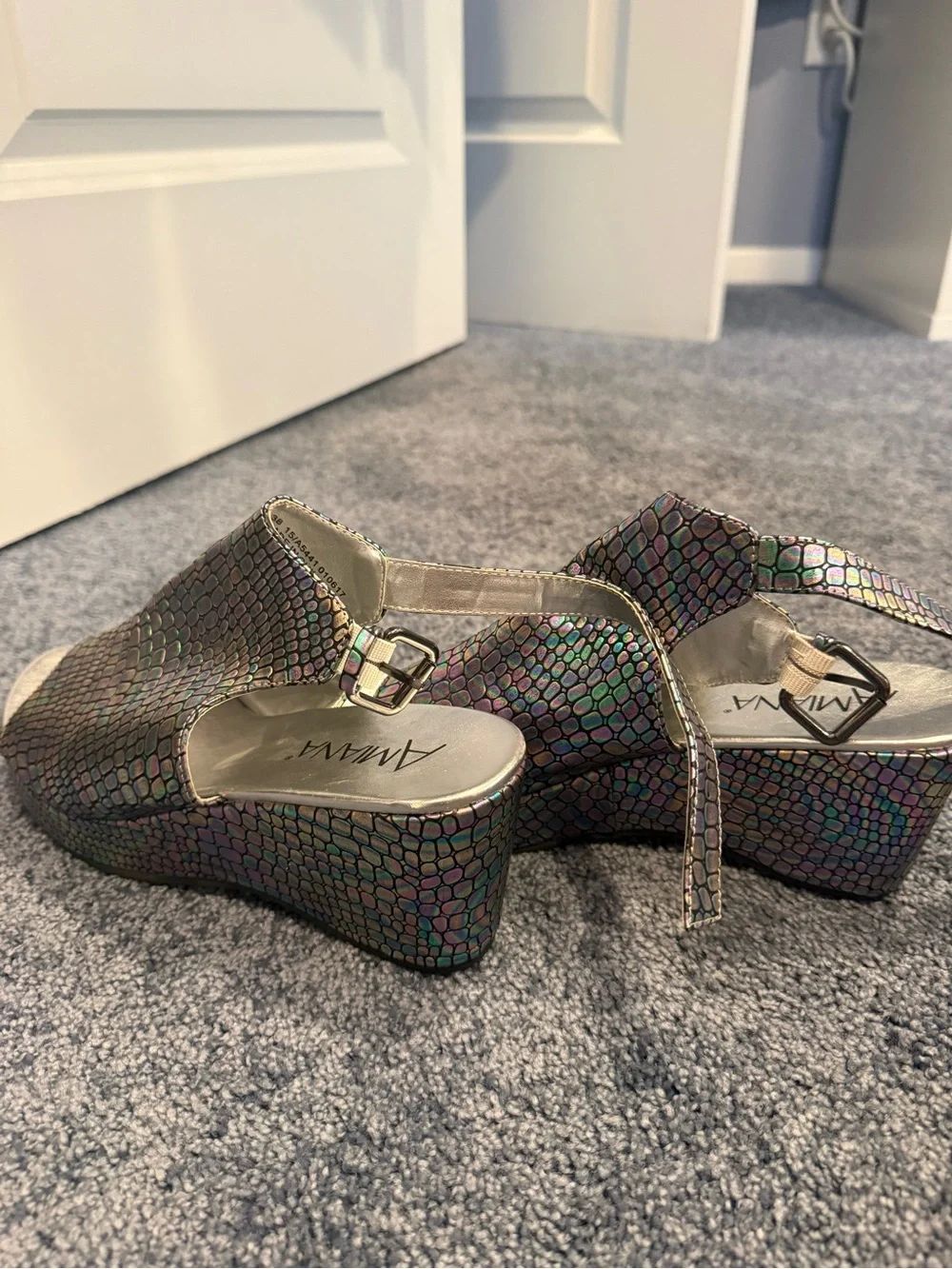 Iridescent Snake-Print Wedge Slingback Sandals - Metallic Multicolor